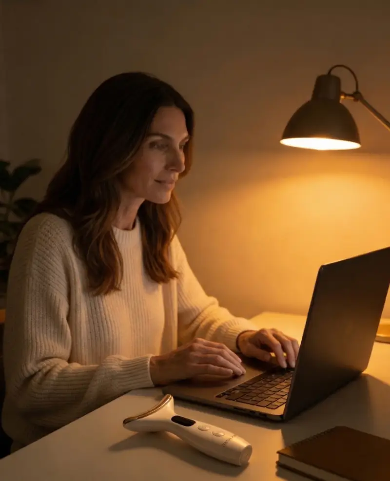 Woman at desk with Zential Pure device in warm evening light