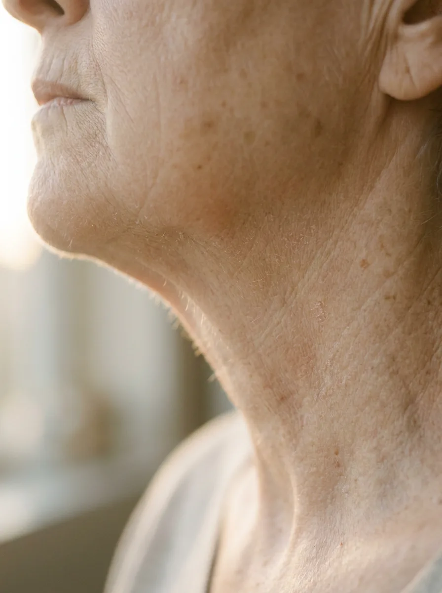 Jawline and neck profile in morning light