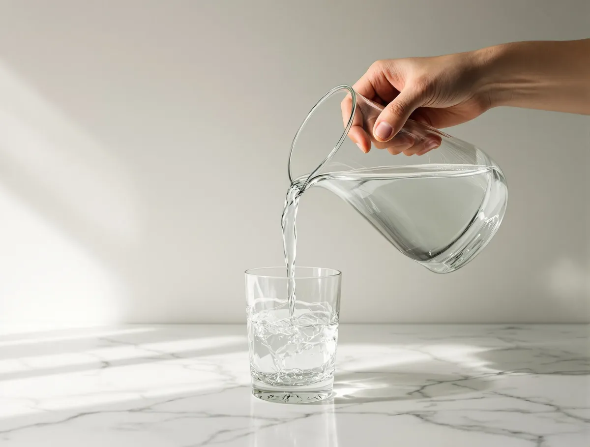 Water being poured into a glass in soft light