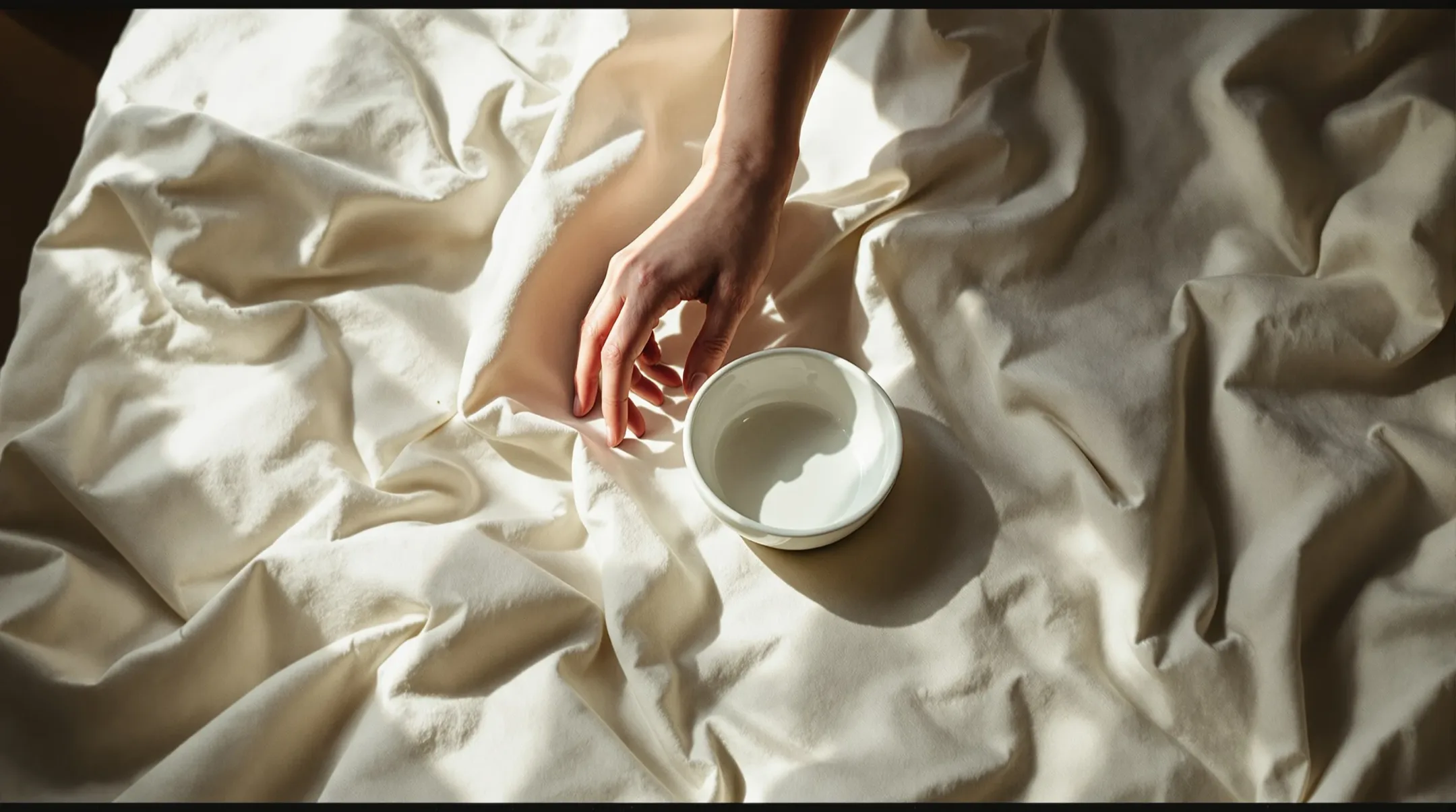 A waking hand in soft diffuse light on bed linen